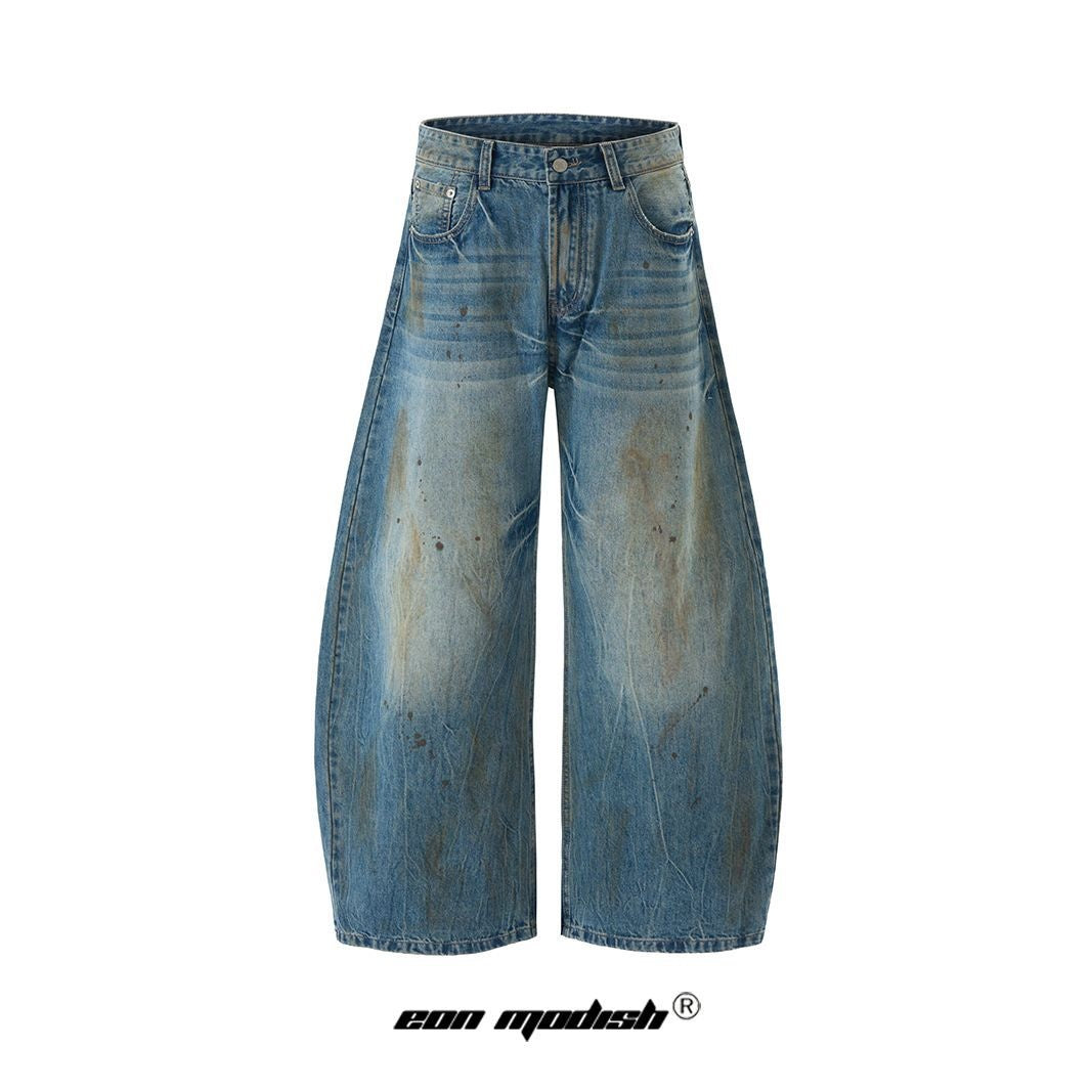 Street Style Washed Distressed Tapered Denim Long Pants