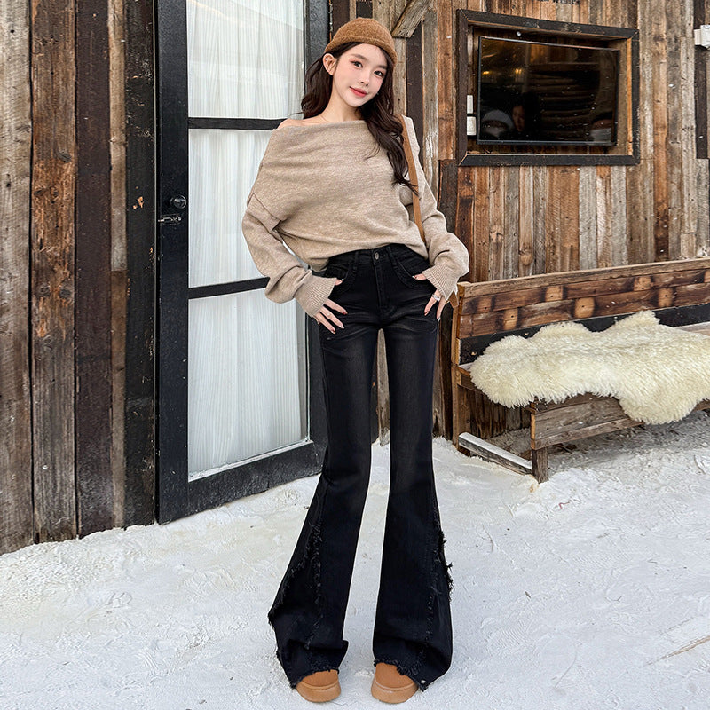 Women's High Waist Flared Denim Pants - Retro Elastic Skinny Trousers