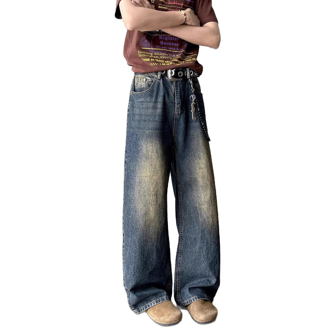 Washed Curved Knife Denim Straight Leg Slightly Flared Wide Leg Pants