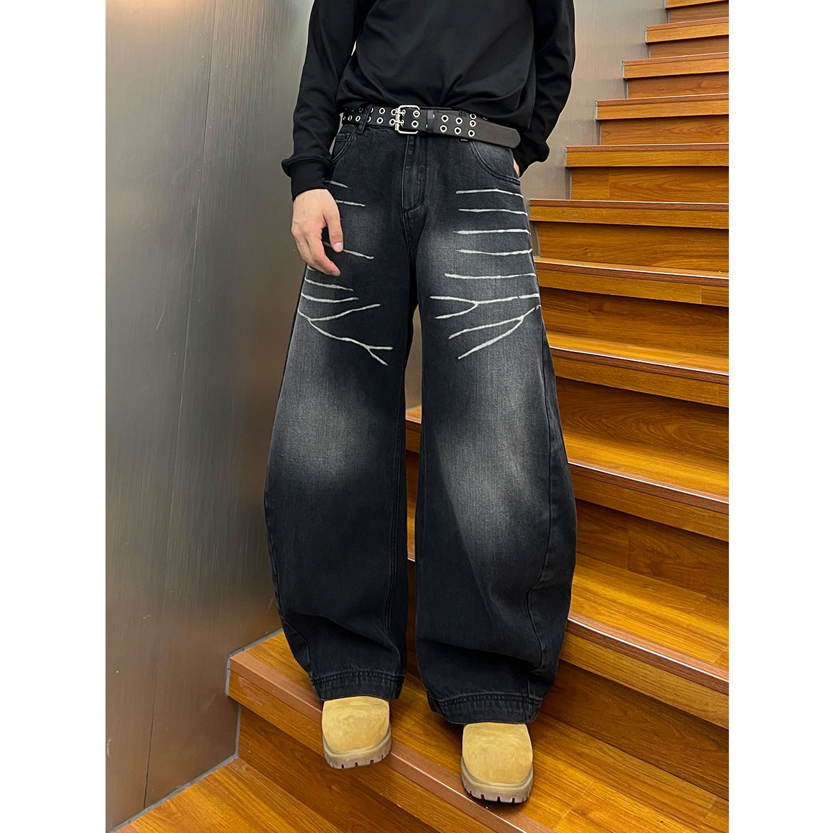 Washed Denim Loose Curved Knife Wide Leg Pants