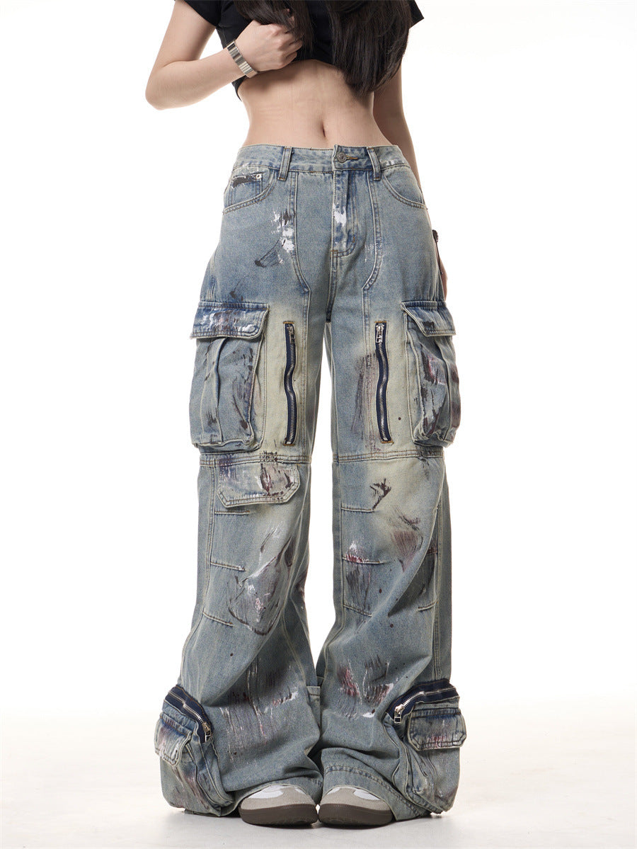 Retro Graffiti Multi Pocket Wide Leg Jeans