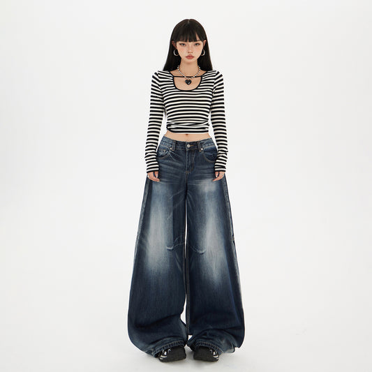 Women's Wide-Leg Jeans - Washed Blue Pear-Shaped Slant Pants