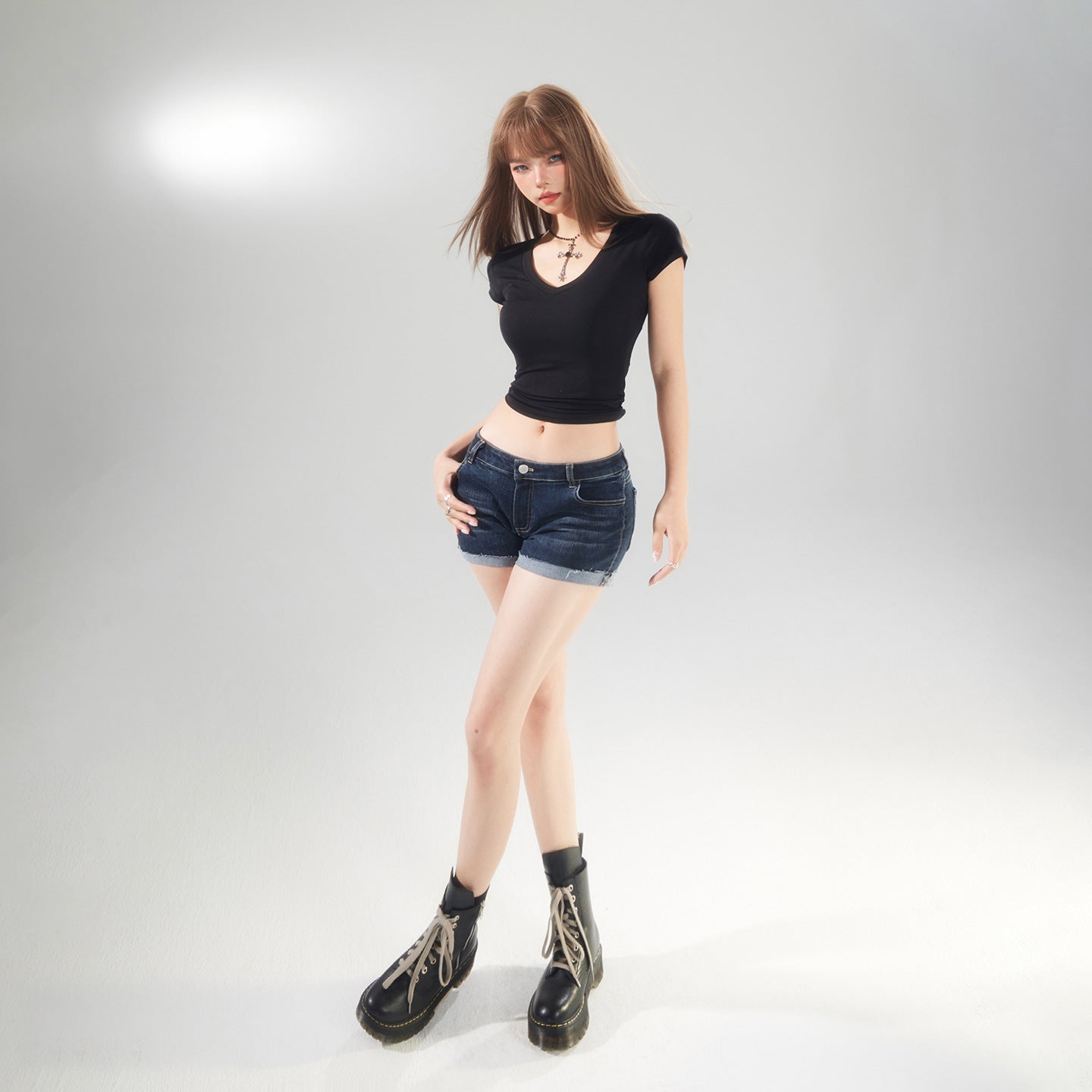 Dark Blue Cuffed Denim Shorts for Women - Elastic High Waist Washed Versatile Hot Pants