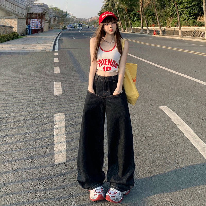 Loose Wide-Leg Jeans for Women - Casual Drop-Crotch Pants with Drapey Patchwork Design