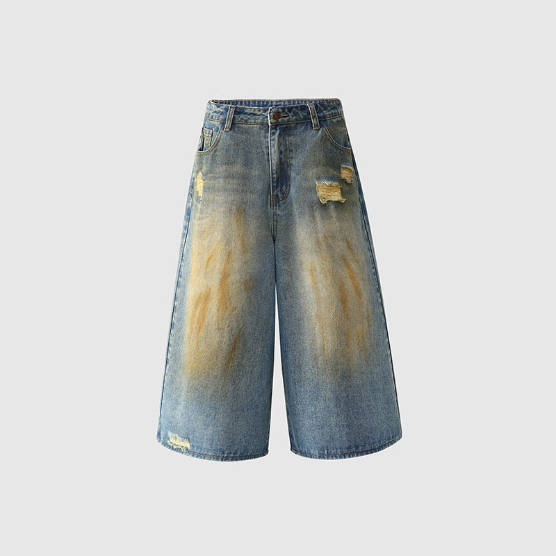 Vintage Wear and Tear Denim Shorts - 7 Inch Loose Wide Leg Pants