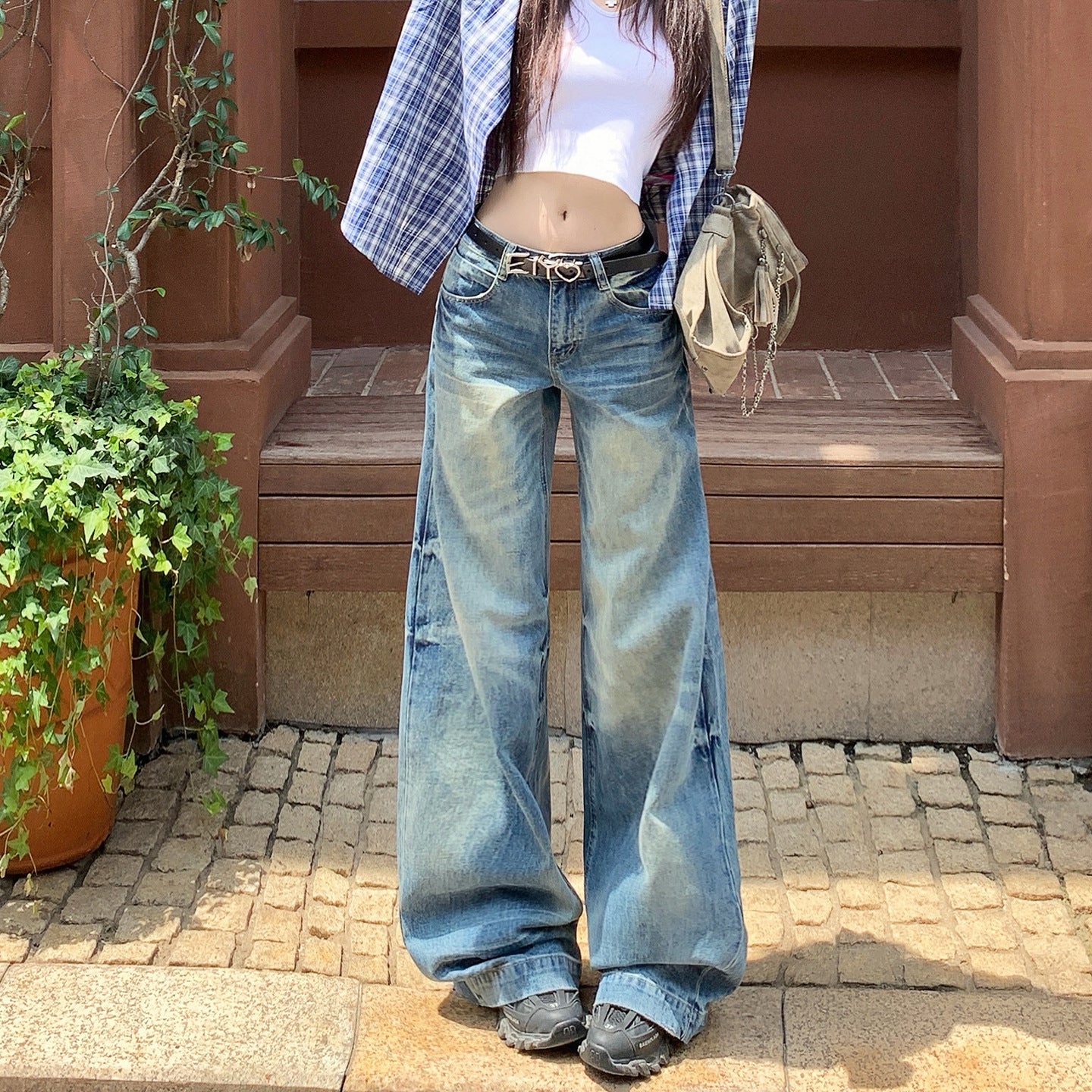 Retro Washed Denim Pants for Women - Loose Fit High Waist Anti-Wrinkle Slim Wide Leg Long Pants