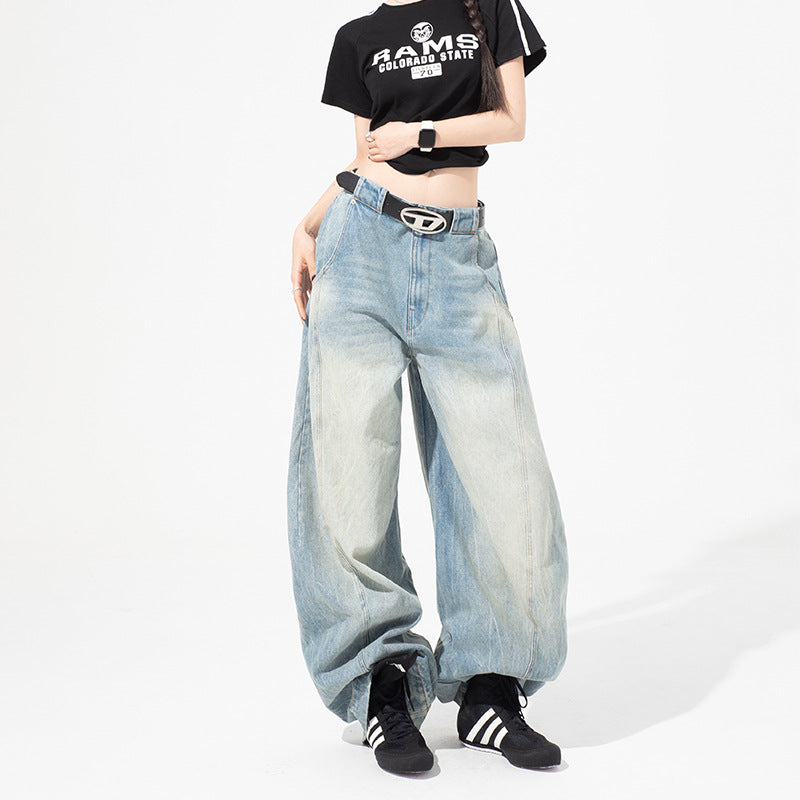 Retro Loose Scythe Denim Pants for Women - High Waist Wide Leg Trousers
