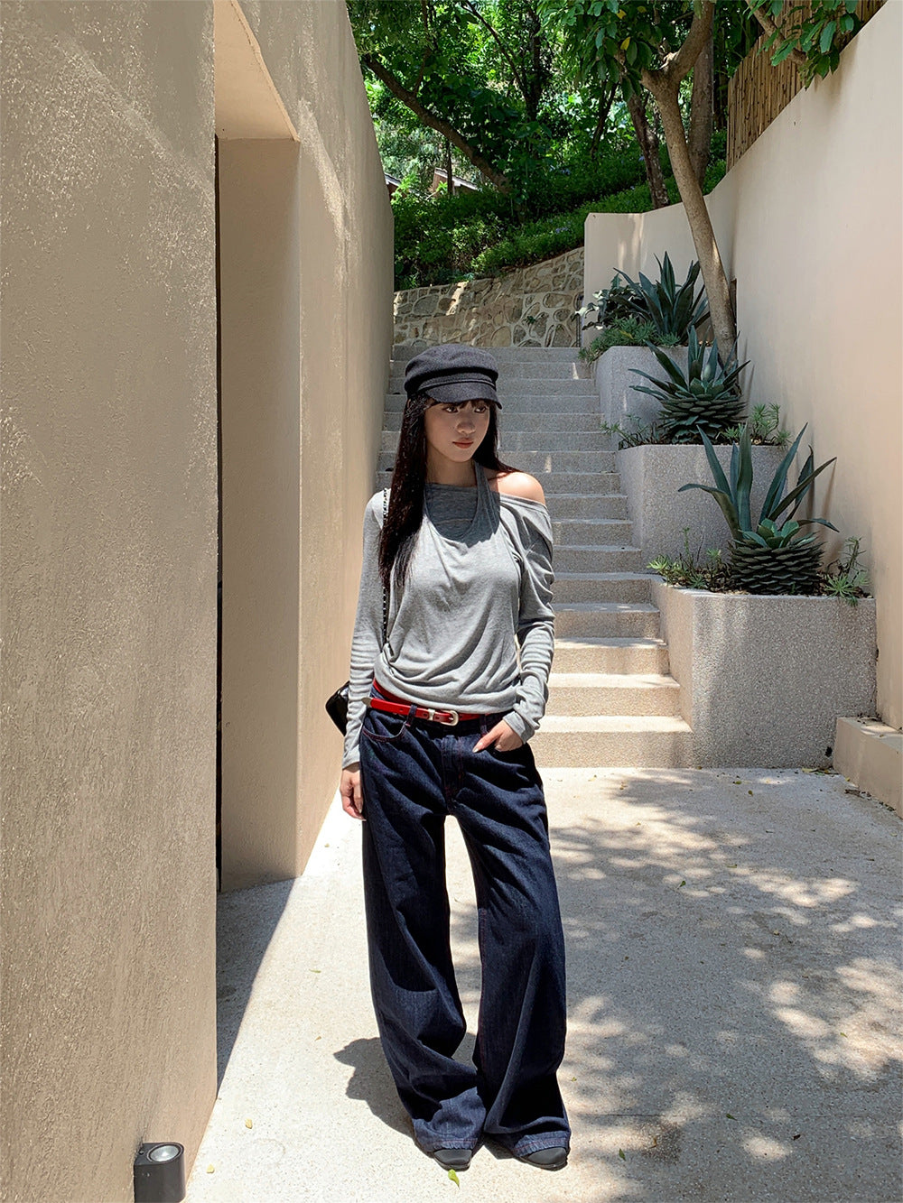 Retro Topstitching Denim Pants - Women's Straight Leg Jeans