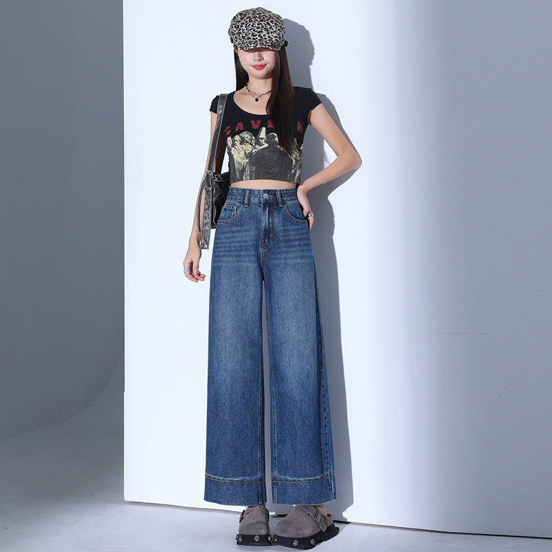 Light Blue Casual Wide-Leg Jeans for Women - High-Waist Slimming Nine-Point Straight Leg Pants