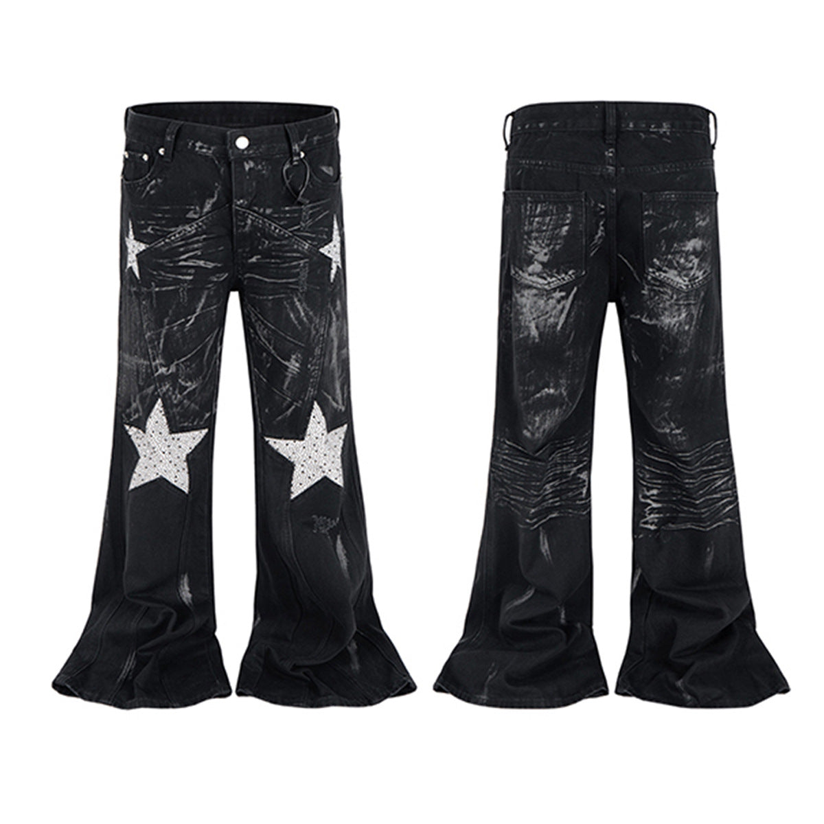 Washed and Rhinestone Denim Wide Leg Pants