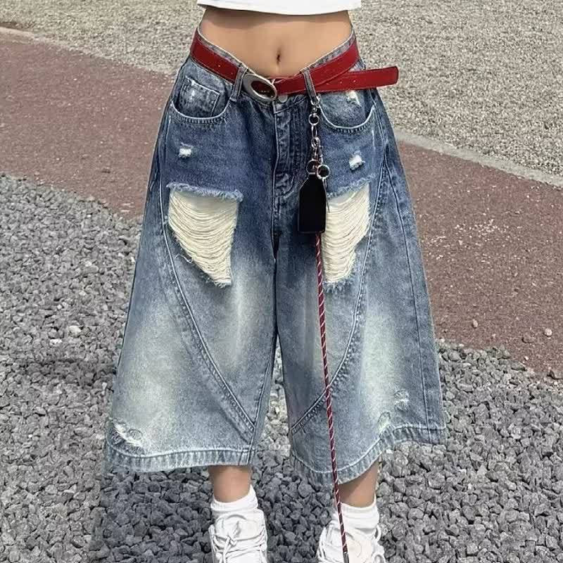High-Waisted Spliced Hand-Cut Hole Denim Shorts - Retro Wide-Leg Seven-Quarter Pants