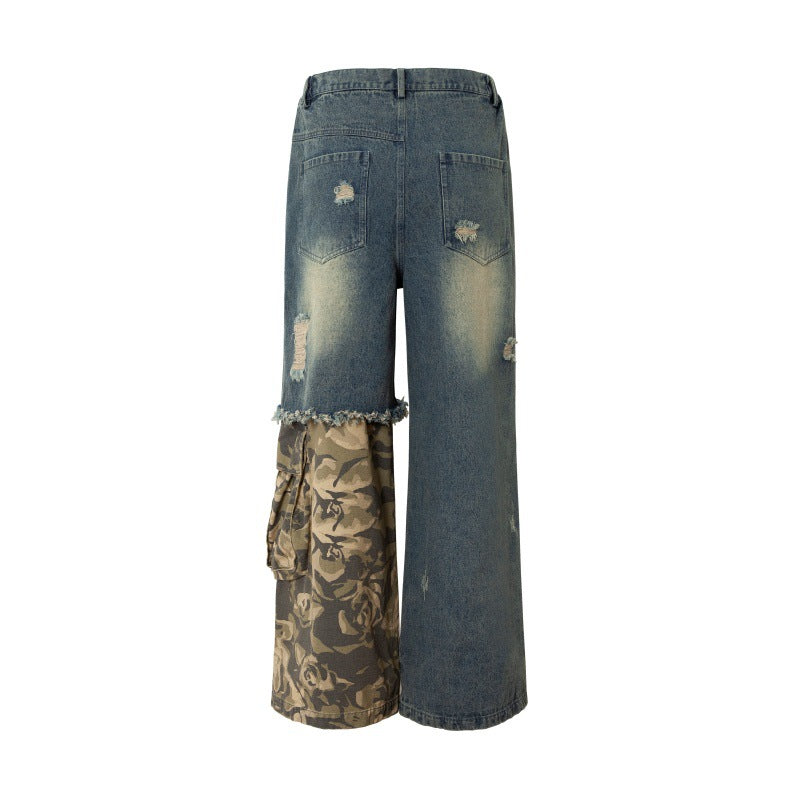 Wear Out Pendant Camouflage Spliced Straight Leg Jeans