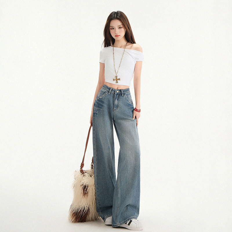 Women's Wide-Leg Niche Water-Washed Floor-Length Straight Pants