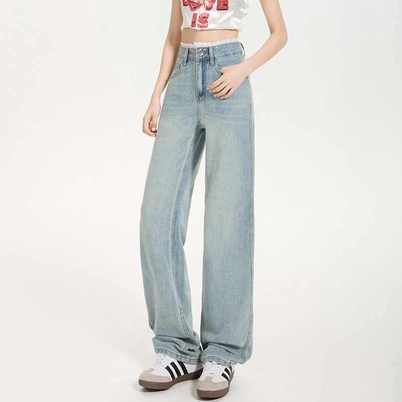 Light Blue Slim Straight Jeans for Women - Versatile Lace Hem Wide Leg Pants
