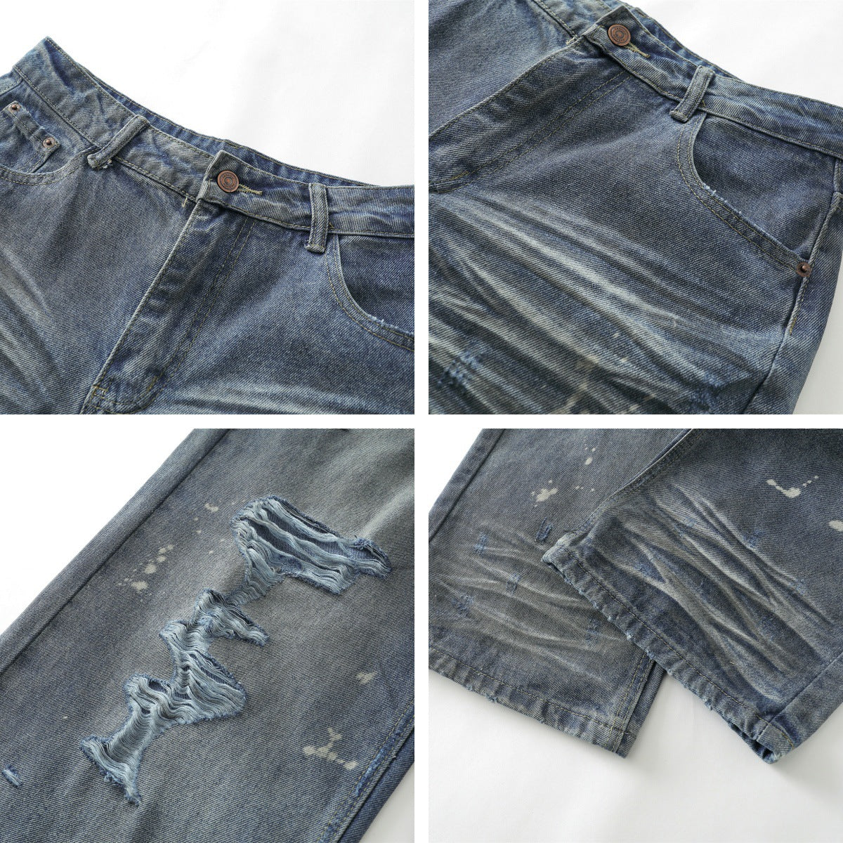 Washed Distressed Splatter Ink Denim Pants - Long Straight Leg Trousers