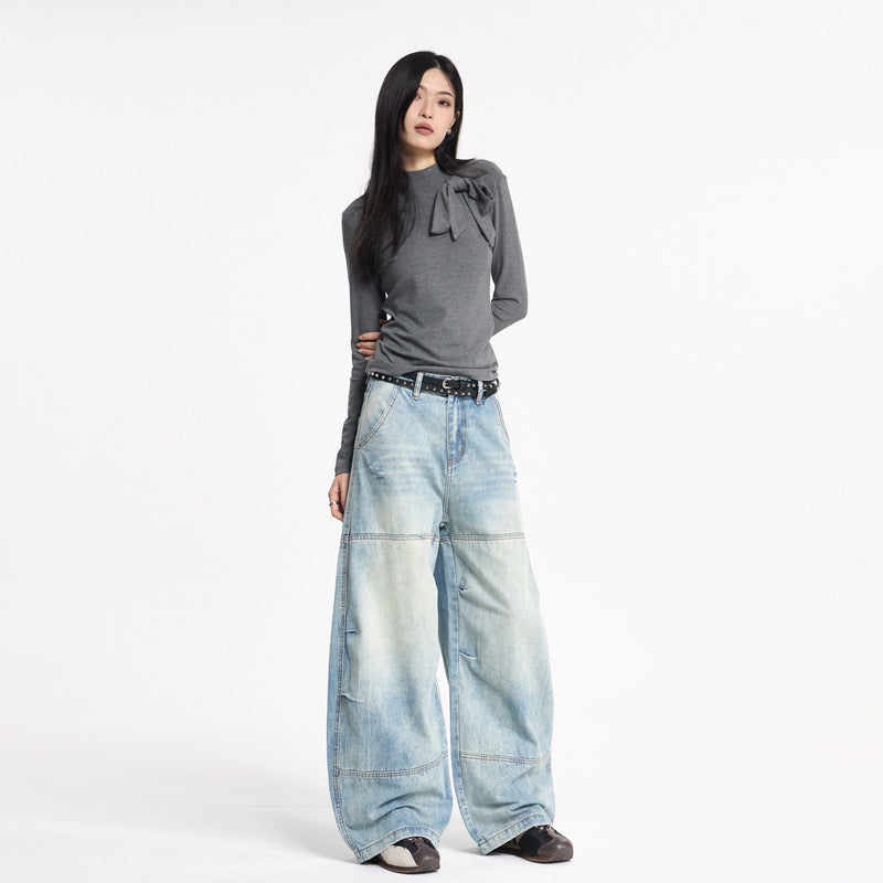Women's Retro Design Patchwork Washed Knife-Edge Denim Pants