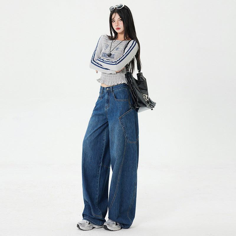 Women's Large Pocket Oversized Knife-Edge Jeans – Loose Baggy Patchwork Wide Leg Pants
