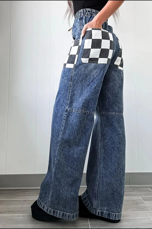 Premium Checkered Wide Leg Jeans - Japanese Denim