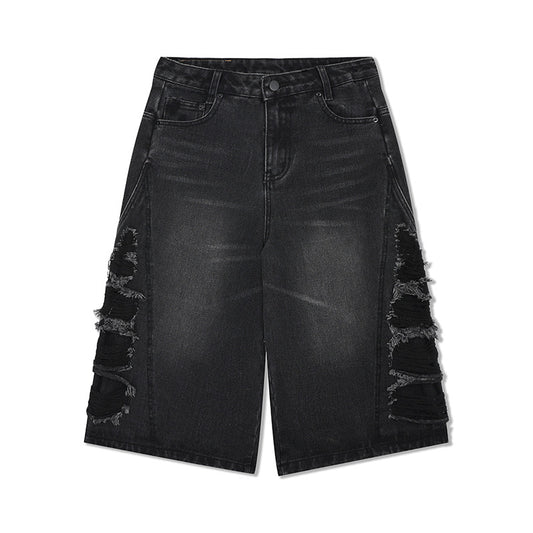 Vintage Denim Loose Cut Wide Leg Seven Quarter Shorts - Black
