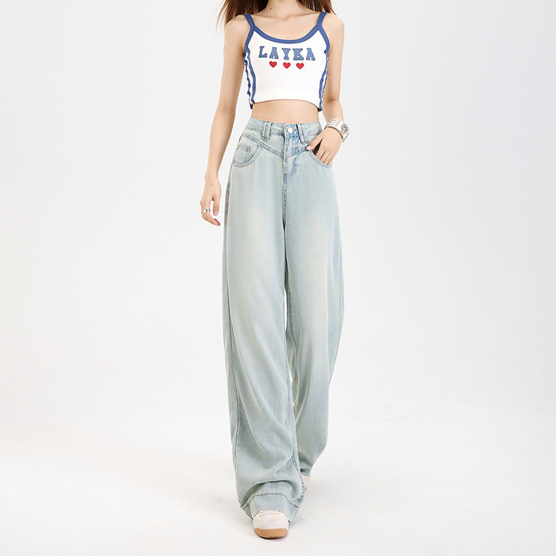 Lycra Tencel Denim Pants for Women - Summer Thin Fit Cool Loose Drape Straight Wide Leg Pants