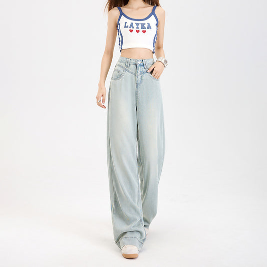 Lycra Tencel Denim Pants for Women - Summer Thin Fit Cool Loose Drape Straight Wide Leg Pants