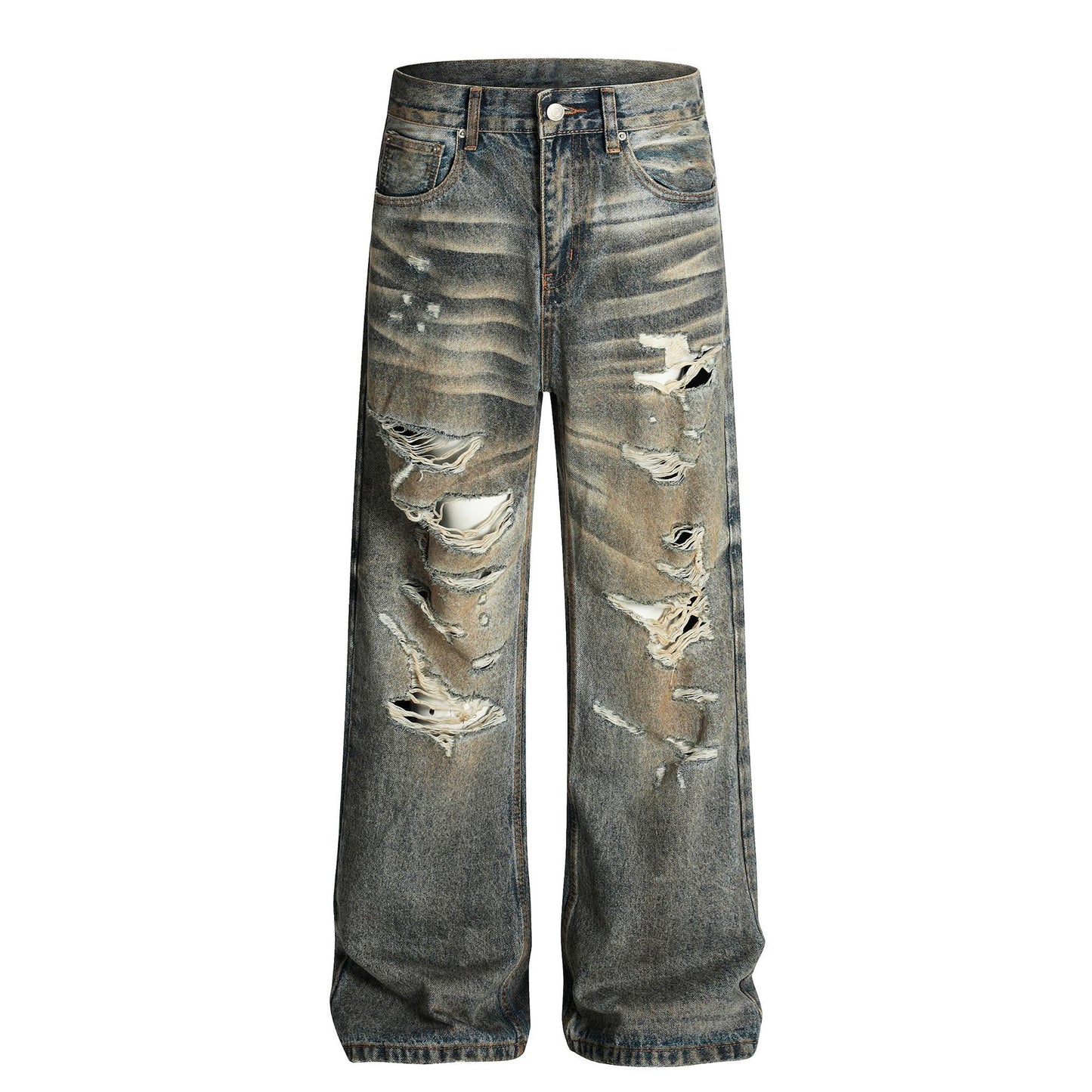 Dirty Dye Washed Ripped Denim Straight Leg Personalized Wide Leg Pants