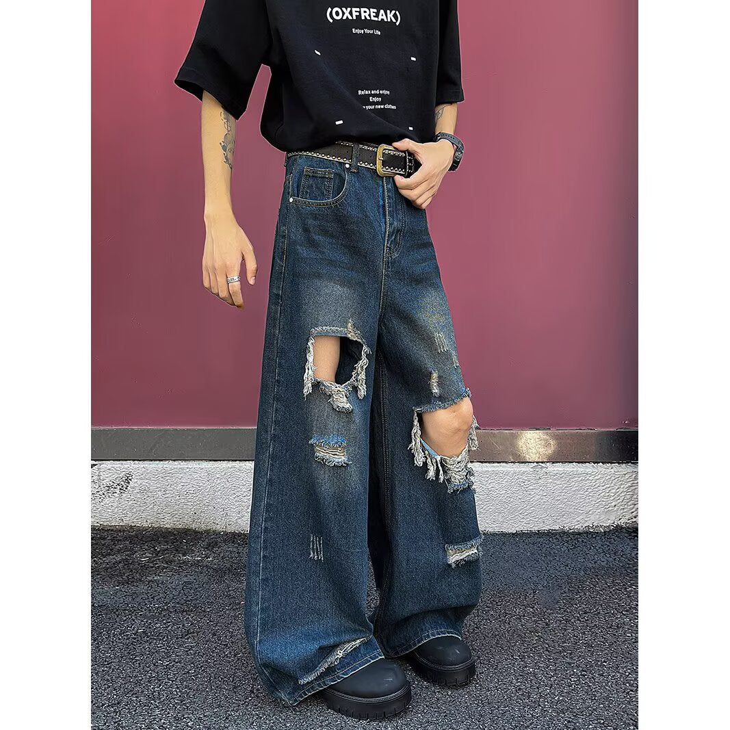 Pierced Floor Mopping Denim Distressed Straight Leg Wide Leg Pants