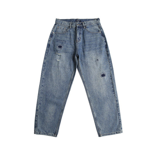 Premium Japanese Retro Light Denim Wear-Resistant Jeans with Red Handmade Patches