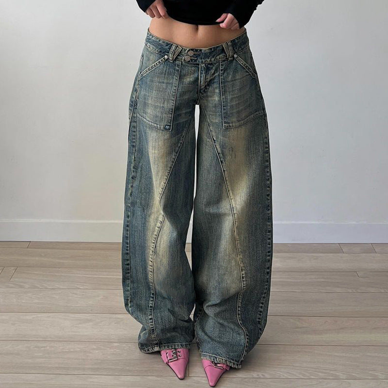 Low Waist Irregular Split Line Pocket Jeans
