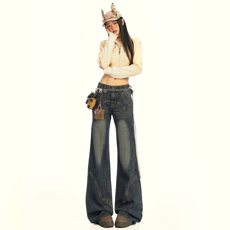 Women's Wide-Leg Jeans with Splicing Retro Design - Loose and Slimming Flare Pants