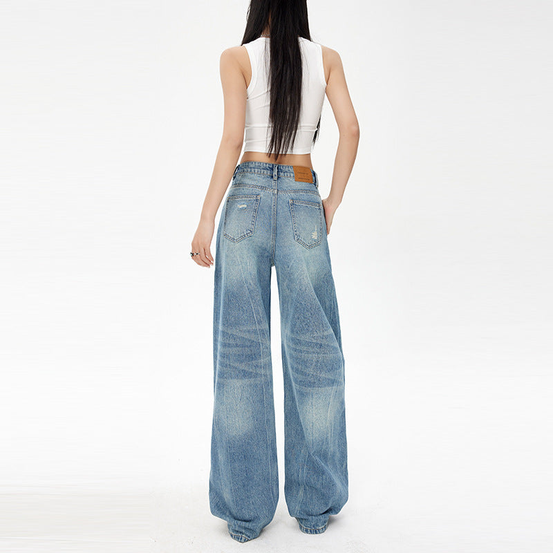Vintage Destroyed Loose Denim Pants for Women - Wide Leg Floor Length Trousers