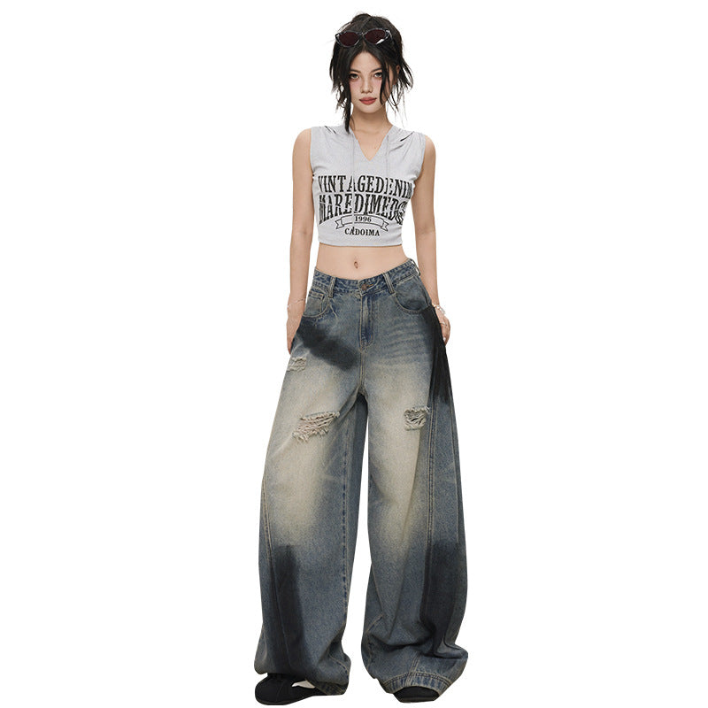 Women's Distressed Slash Denim Pants - Vintage Loose Wide Leg Trousers