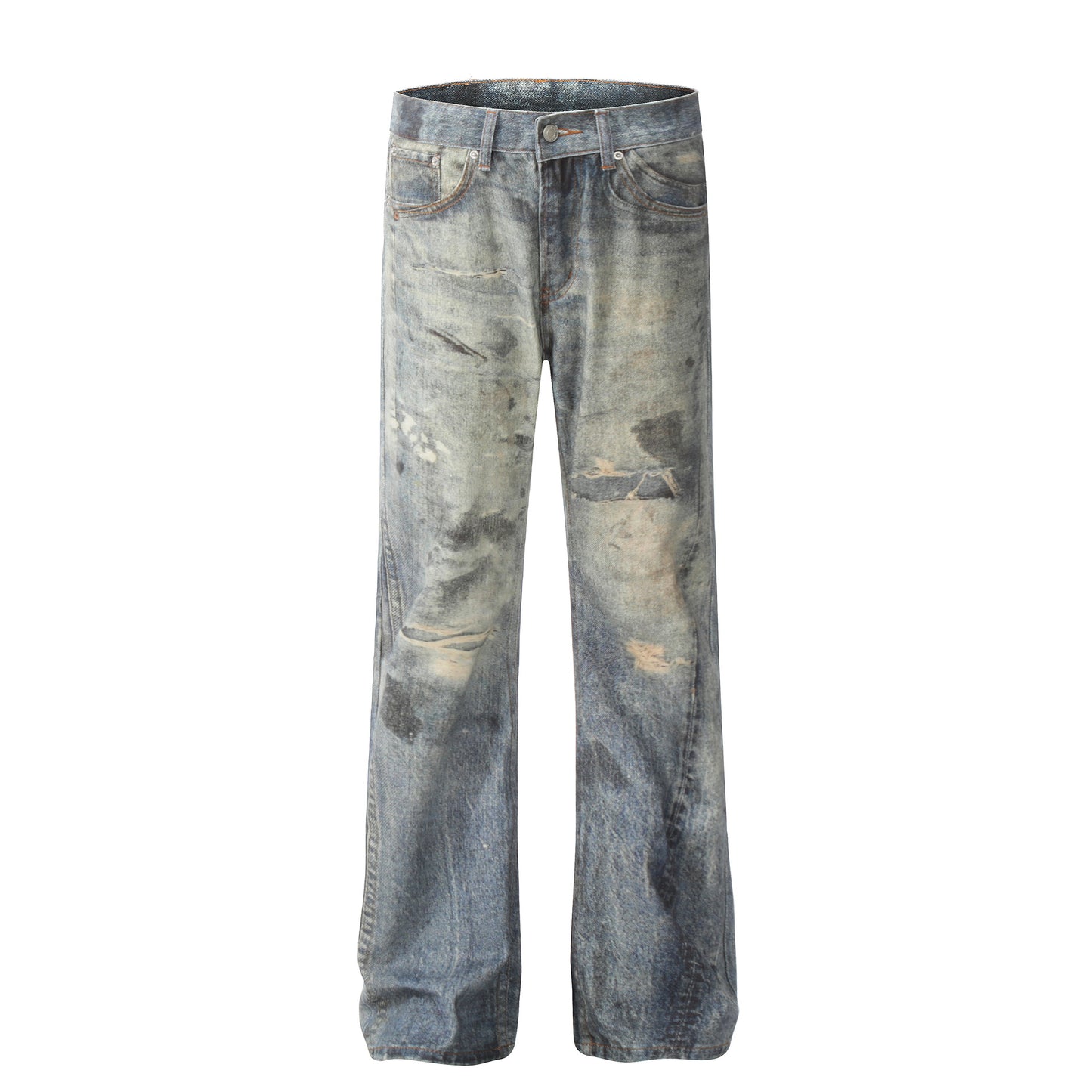 Distressed Denim Pants - Straight Fit Long Trousers