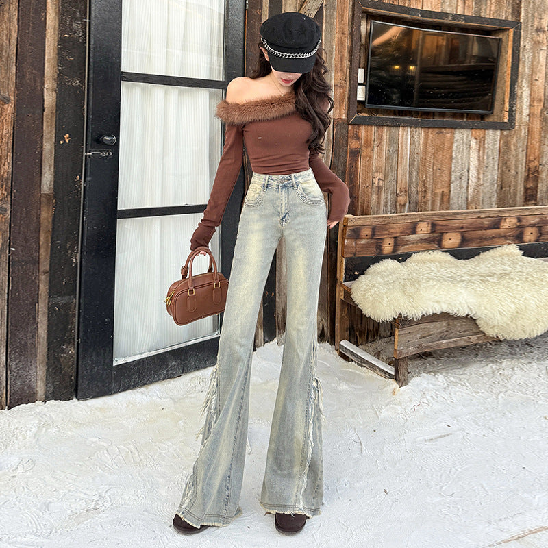 Women's High Waist Flared Denim Pants - Retro Elastic Skinny Trousers