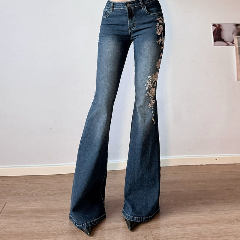 Rose Embroidery Retro Gradient Spicy Jeans