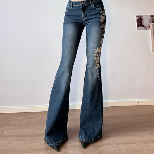 Rose Embroidery Retro Gradient Spicy Jeans