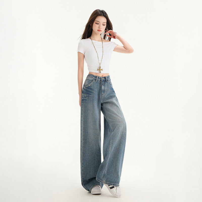 Women's Wide-Leg Niche Water-Washed Floor-Length Straight Pants