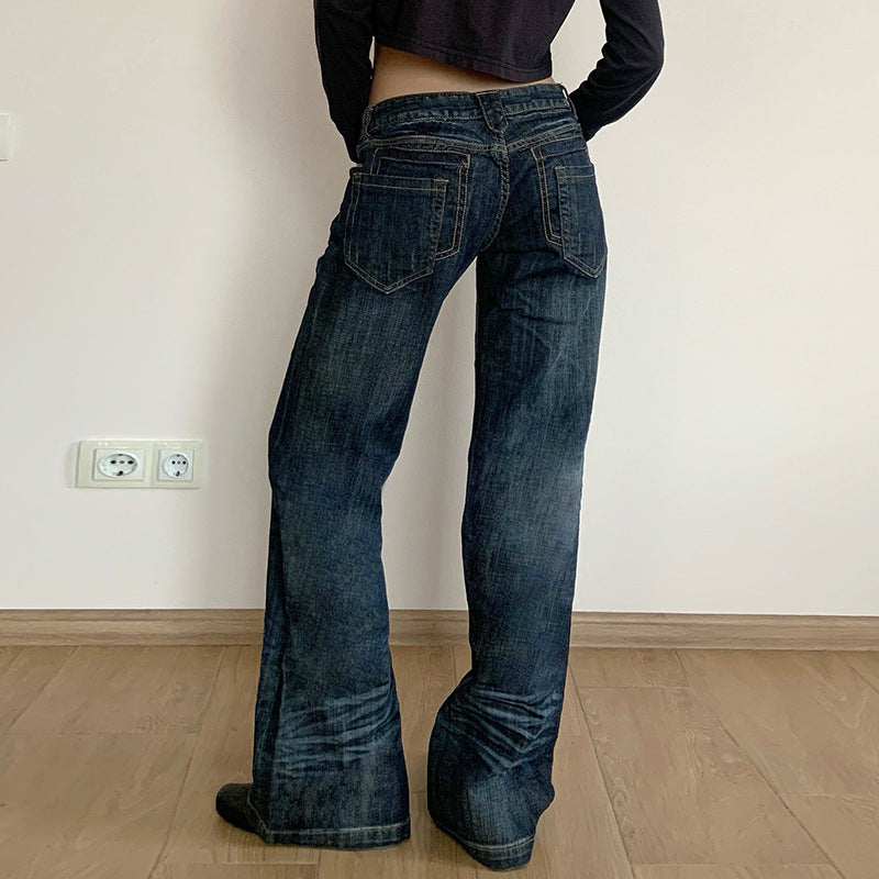 Vintage Pleated Washed Denim Jeans - Loose Fit & Low Waisted Design