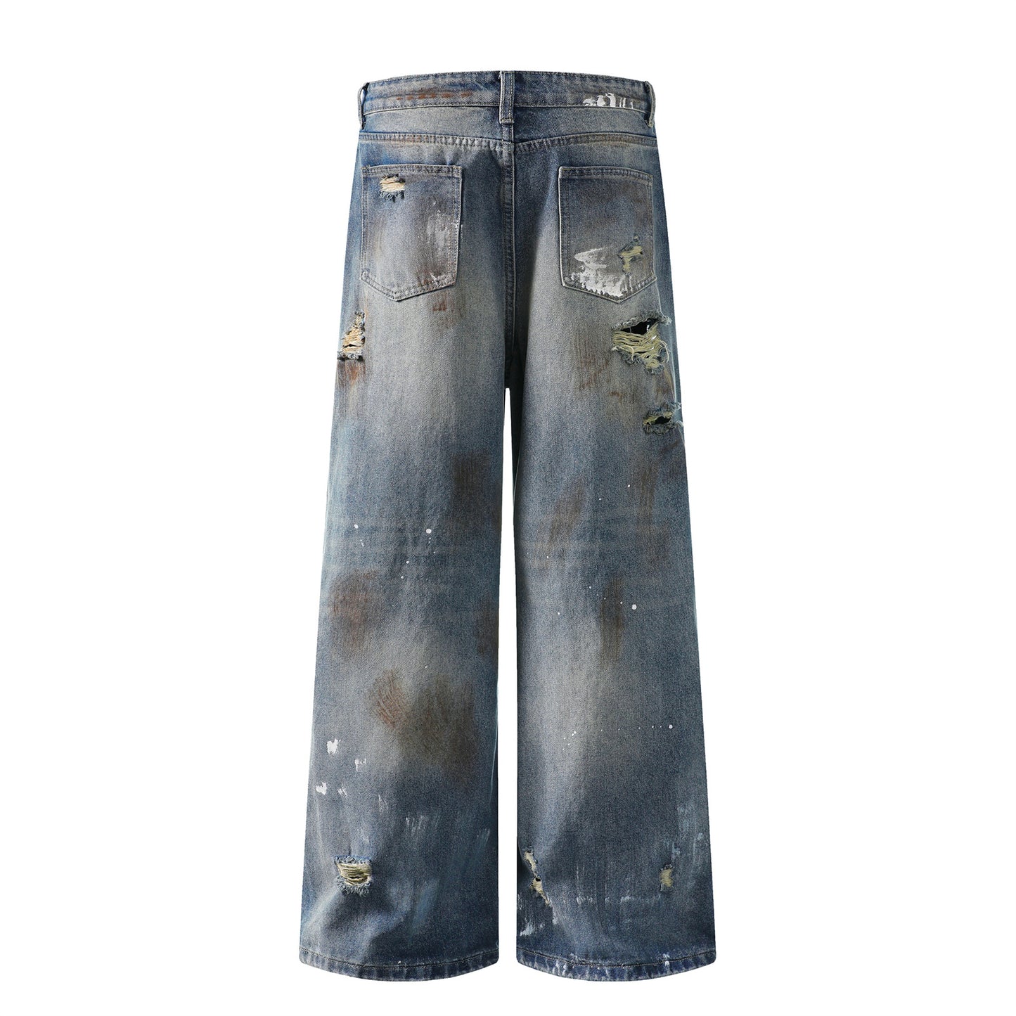Streetwear Washed Distressed Mud-Dyed Denim Pants - Unisex Loose Casual Trousers
