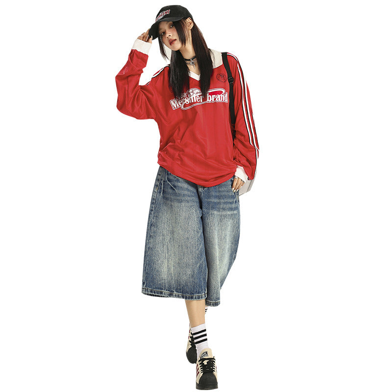 Women's Pattern Seven-Quarter Denim Pants - Washed Straight Leg Trousers