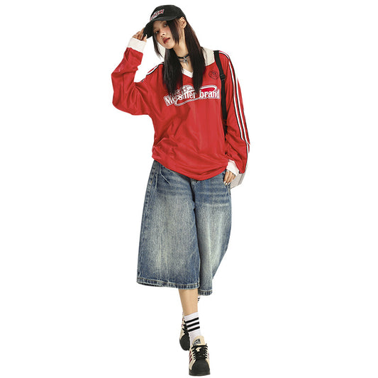 Women's Pattern Seven-Quarter Denim Pants - Washed Straight Leg Trousers