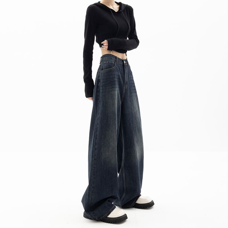 Retro Street Style Wide-Leg Pants - Unique Blue High-Waist Denim Trousers for Women