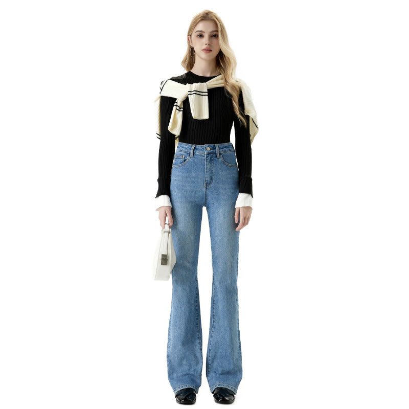 High-Waisted Flared Denim Pants for Women - Slimming Straight Leg Floor-Length Trousers