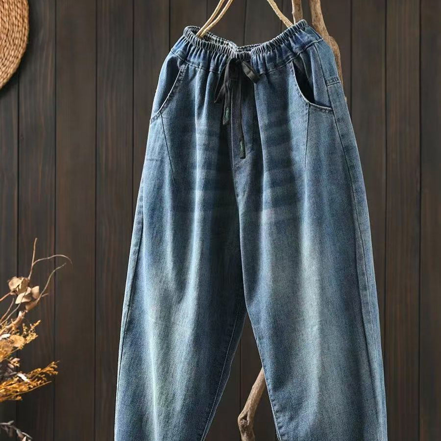 Thin Blue Denim Harem Pants for Women - Loose and Slimming Casual Nine-Point Pants