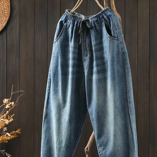 Thin Blue Denim Harem Pants for Women - Loose and Slimming Casual Nine-Point Pants