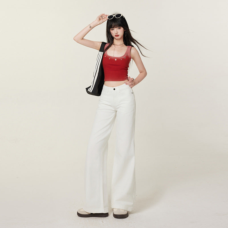 Women's White Denim Pants - Summer Casual Thin Slim Floor-Length Straight-Leg Trousers
