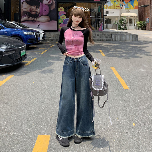 Retro Denim Ankle-Length Pants for Women - High Waist Loose Straight Leg Trousers