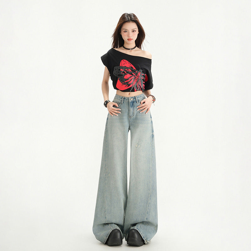 Light Blue Washed Wide-Leg Floor-Length Pants - High Street Loose Fit