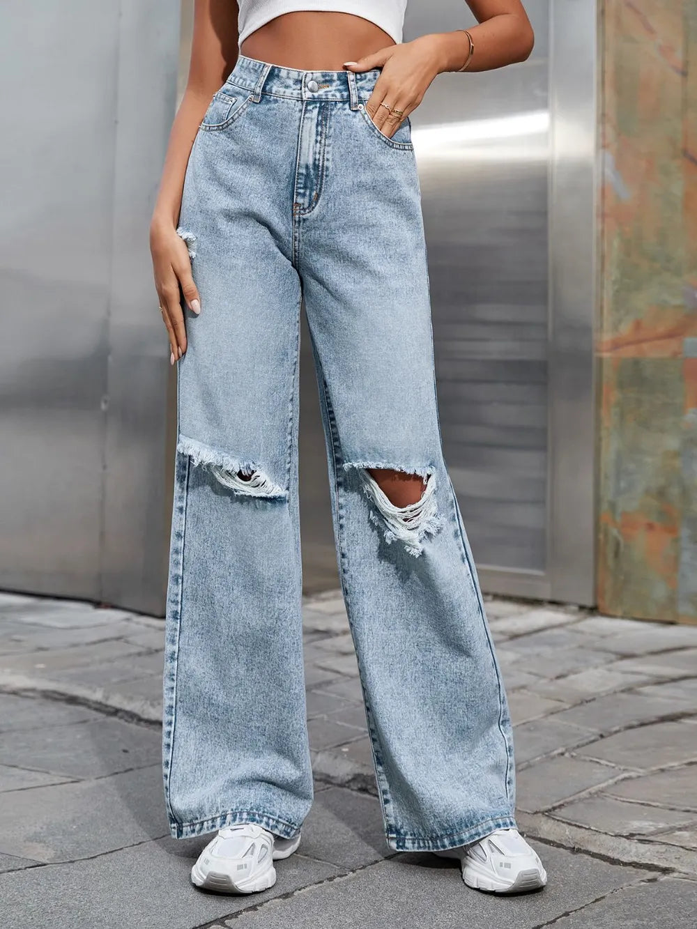 Distressed Wide Leg Jeans with Pockets - Premium Japanese Denim
