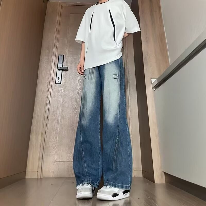 Retro Blue Ripped Semi Elastic Waist Jeans for Men